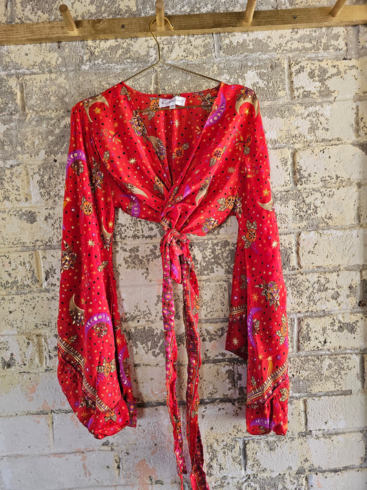 Celestial Bell Sleeve Red Wrap Blouse